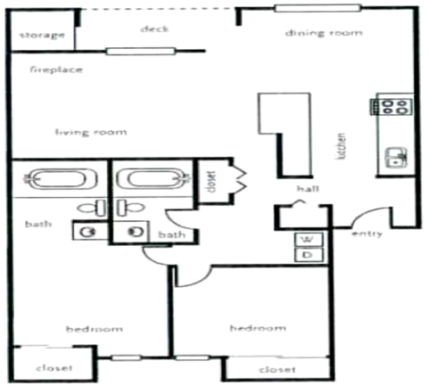 Floor plan for 2 beds, 2 baths, 933 sqft